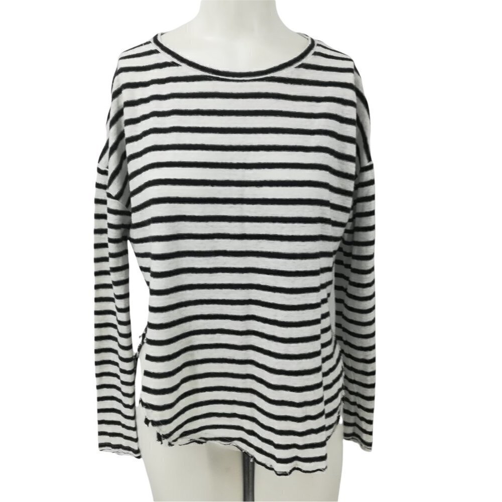Lovestitch Linen Striped Shirt Size S Long Sleeve Distressed Lagonlook Hole Hem